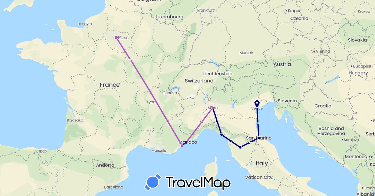 TravelMap itinerary: driving, train in France, Italy, San Marino (Europe)